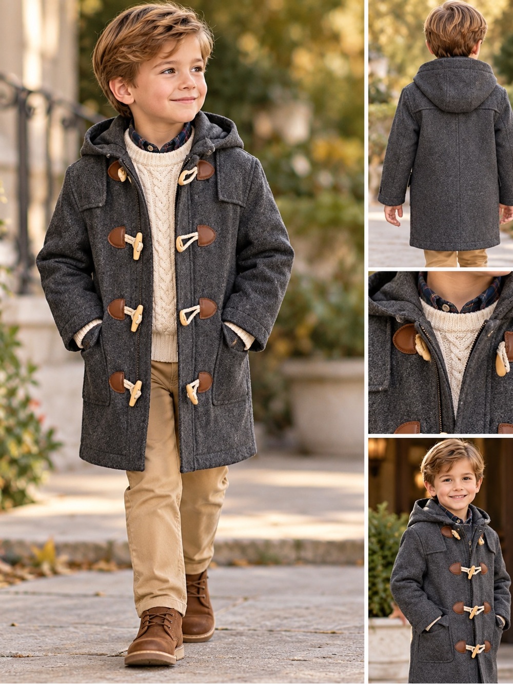 Brooks Brothers Kids Wool-Blend Hooded Duffle Toggle Coat Grey XS(4-5)